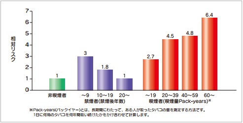 イメージ図 図3 非喫煙者群の肺がん罹患リスクを1とした場合の禁煙者群および喫煙者群の相対リスク